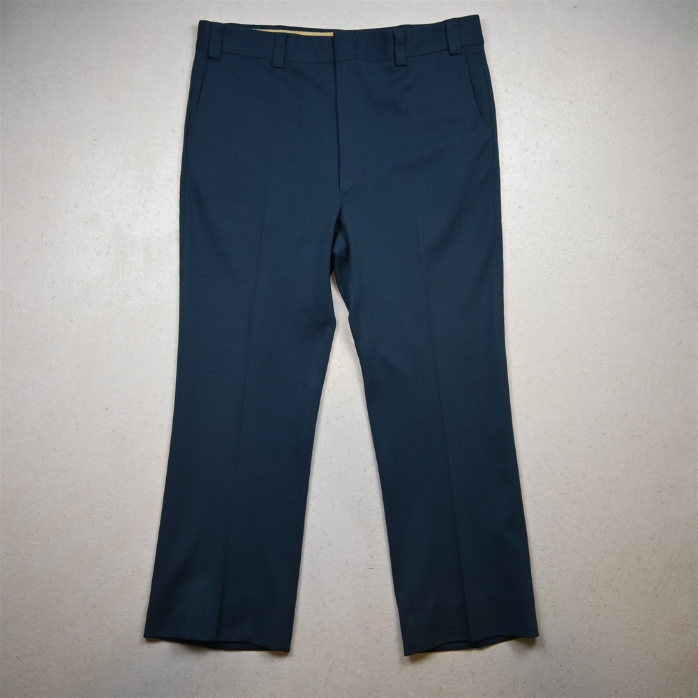 Vtg Bespoke 36x30 Blue Check Flat Front Bootcut Dress‎ Mens Pants